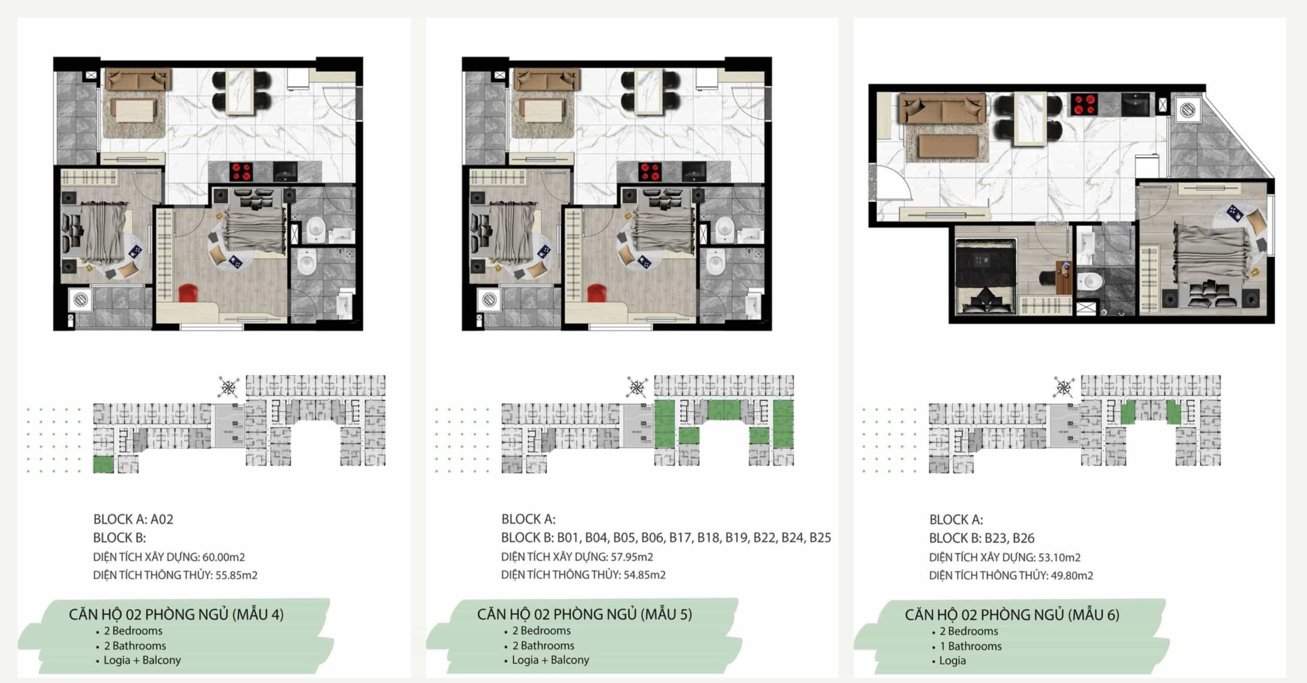 Layout thiết kế căn hộ 2PN – 2WC Stown Gateway