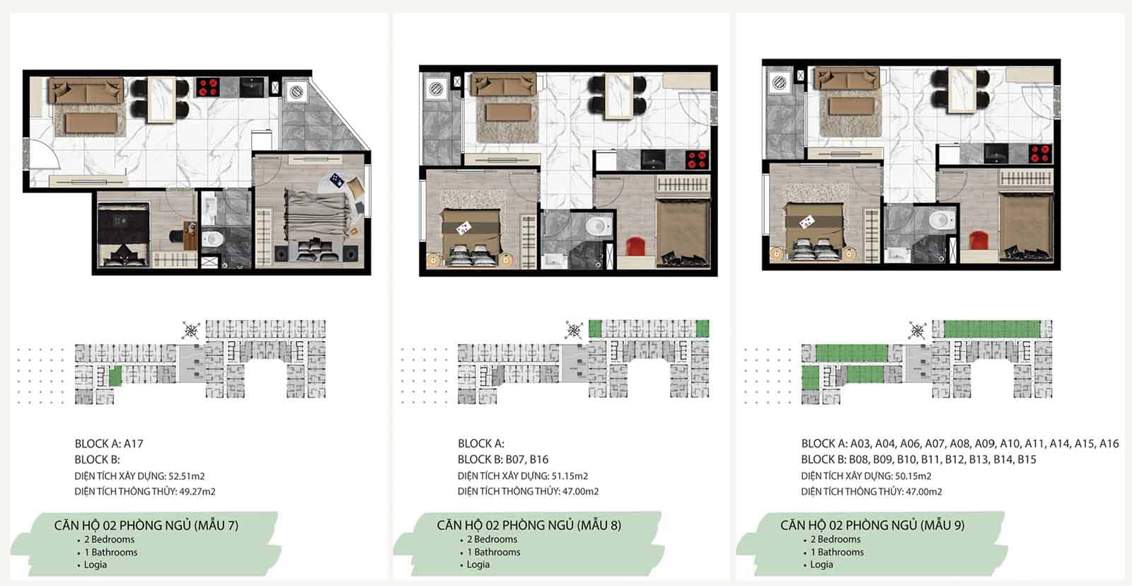 Layout thiết kế căn hộ 2PN – 1WC Stown Gateway